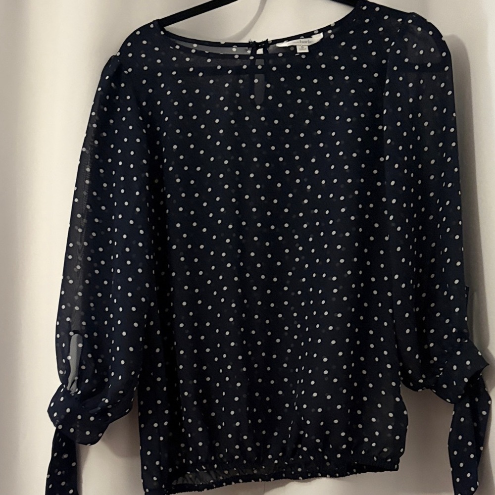Navy Polka Dot Tie-Sleeve Blouse — Lightweight Women's Top